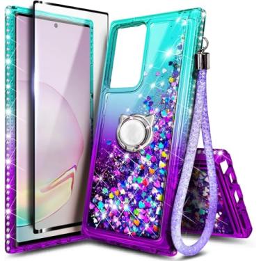 Imagem de Capa NGB projetada para Samsung Galaxy Note 20 Ultra, Aqua/Roxo | Capa fofa com glitter líquido brilhante | com protetor de tela, suporte de anel e cordão de pulso para mulheres, meninas e crianças