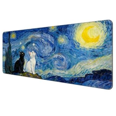 Imagem de Dynippy Mouse pad fino para jogos estendido (80 x 30 x 0,2 cm) com bordas costuradas, mouse pad grande XXL longo e tapete de mouse pad para jogos, escritório e casa - gato noturno estrelado