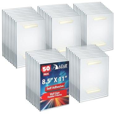 Imagem de Azar Displays 122021-50PK Suporte adesivo de parede de acrílico transparente, moldura vertical de 21,6 cm x 28 cm para pôsteres de escritório, folhetos, placas de identificação e placas de porta