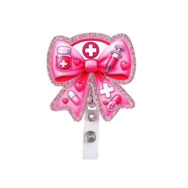 Imagem de Carretel de crachá de laço de enfermeira fofo carretel de crachá de laço rosa com clipe retrátil giratório para dia dos namorados com glitter para pílula de seringa, porta-crachá de identificação dos