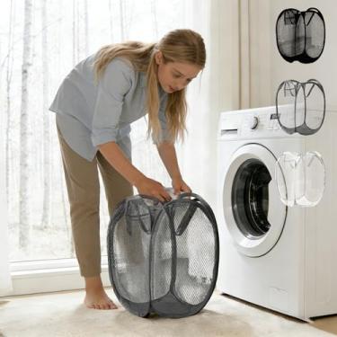 Imagem de Cesto de roupa suja dobrável durável com bolsos laterais de malha expansível e alças reforçadas