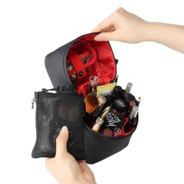 Imagem de Bolsa de cosméticos cilíndrica ao ar livre casual organizador de viagem cor creme bolsa de lavagem com zíper feminino (preto e vermelho)