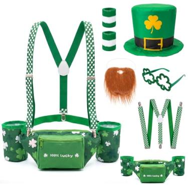 Imagem de Conjunto de pochete de Dia de São Patrício, trevos, bebidas, cerveja, cinto, acessórios para fantasia com suporte para bebidas, pulseira de chapéu verde irlandês