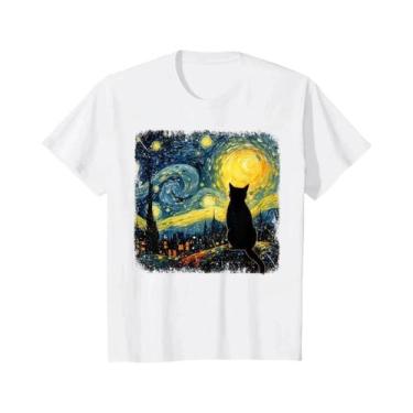 Imagem de Camiseta Feminina Estilo Noite Estrelada De Van Gogh Com Gato, Moda Ca