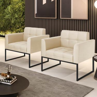 Imagem de Poltrona Sala Decorativa Kit 2 Elisa Base Industrial Preta Sintético PU Bege D03 - D'Rossi