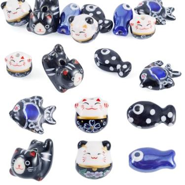 Imagem de Bestewelry 12 peças de contas de cerâmica para fabricação de joias preto azul gato peixe feito à mão contas espaçadoras de porcelana para pulseira faça você mesmo, brinco, colar, suprimentos de