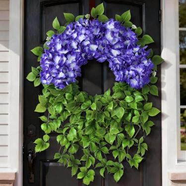 Imagem de Guirlanda de hortênsia artificial para porta da frente do lado de fora – Hortênsia falsa de toque real, guirlanda de flores para primavera, verão, para decoração de casa de fazenda, janela de cornija