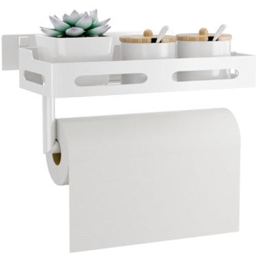 Imagem de Suporte de toalha de papel para parede com prateleira, fácil de rasgar com uma mão, suporte de papel toalha de papel para pendurar adesivo ou broca com prateleira para cozinha/banheiro/trailer, branco