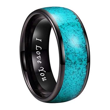Imagem de TUTISS Anéis de tungstênio prata preto e ouro rosa de 8 mm para homens e mulheres, alianças de noivado e casamento, turquesa esmagada, incrustada com cúpula, eu te amo gravada, ajuste confortável,