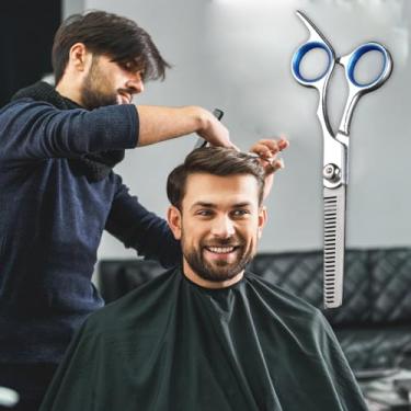 Imagem de Tesoura de cabelo de 15 cm, tesoura profissional de corte de cabelo de barbeiro com parafuso azul e anéis de dedo azuis para salão e uso doméstico