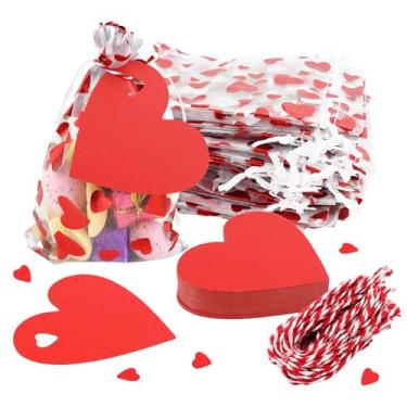 Imagem de Ksheria Sacos de presente de organza de coração de 10 x 15 cm, pacote com 50 sacos de cordão de dia dos namorados com 50 cartões de coração, para presentes de dia dos namorados, lembrancinhas de festa