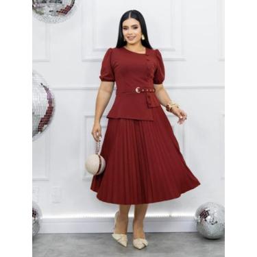 Imagem de Vestido Midi Soltinho Rodado Moda Evangélica Decote Quadrado com Cinto