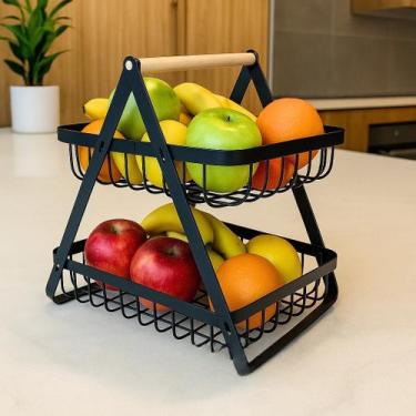 Imagem de Fruteira Alça Madeira Cesto Frutas Rack Prateleira Guarda Legumes Verd