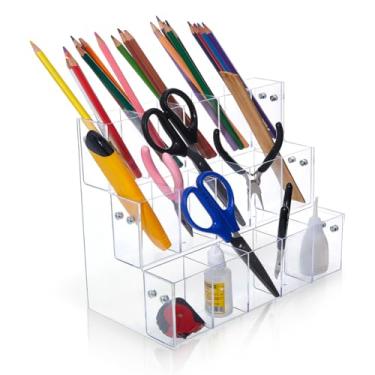 Imagem de DICOSMETIC Porta-canetas de plástico de 3 camadas, organizador de lápis, 15 compartimentos, organizador de pincéis de maquiagem de grande capacidade para escritório em casa, escola, loja de varejo, 26