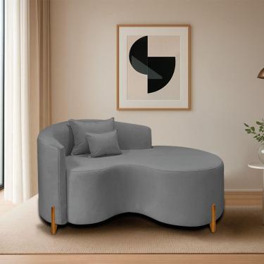 Imagem de Divã Recamier Curvo Sala De Estar Recepção Inglaterra 150cm Pés Madeira Lado Direito Bouclé Cor Cinza