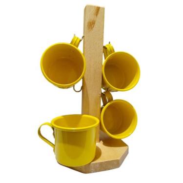 Imagem de Jogo 4 Canecas De Café e Chá Com Suporte De Madeira 100ml Alumínio - C