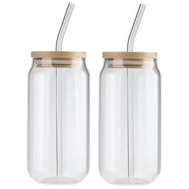Imagem de Kit 2 Copo De Vidro 550ml C/ Tampa Hermético Bambu E Canudo - CLICK HO