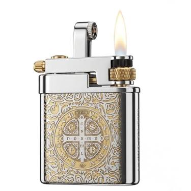 Imagem de Isqueiro de latão antigo para homens, chama macia de roda de pederneira, design de braço de elevação vintage, uso externo durável, presente para homens, pai, marido (Constantine)