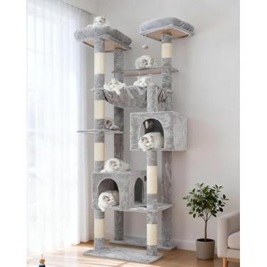 Imagem de Hey-brother Torre de árvore alta para gatos, postes resistentes para arranhar com plataformas grandes, condomínios aconchegantes, rede grande, bolas de brinquedo, móveis de vários níveis para gatos