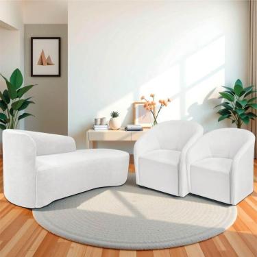 Imagem de Kit Sofá Curvo França 140cm Ld. E 2 Poltronas Luiza Max Conforto, Elegância E Design Moderno Bouclé Branco