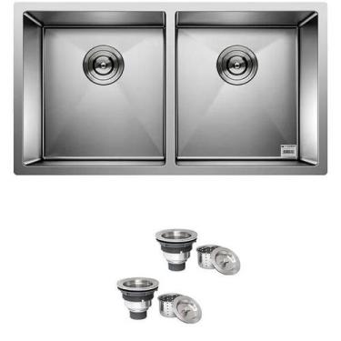 Imagem de Cuba Dupla Inox 304 Gourmet 78x40 com Válvula Embutir Sobrepor Pequena