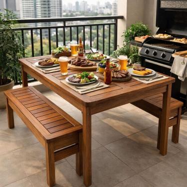 Imagem de Conjunto Mesa e Bancos Churrasco Madeira Maciça Ember Madeira