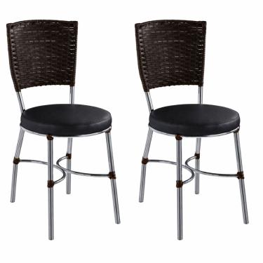 Imagem de Conjunto com 2 Cadeiras de Jantar em Junco Sintético com Assento Estofado e Base Preto/...