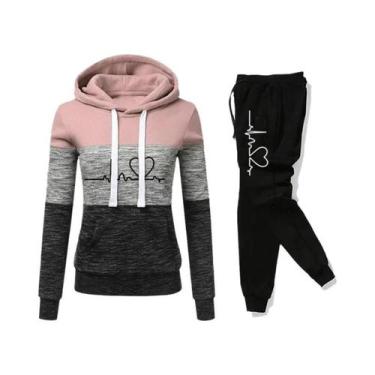 Imagem de Conjunto De Moletom Feminino Com Capuz E Calças Em Cores Contrastantes