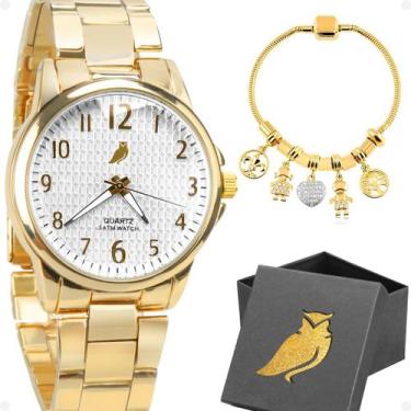 Imagem de Kit Relógio Feminino Analógico Dourado Aço Inox Pulseira Delicada e Ca