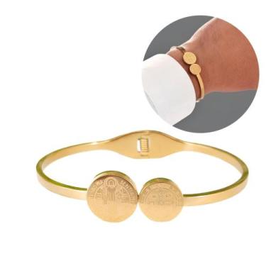 Imagem de Bracelete dourado Medalha de São Bento em aço inoxidável ajustável no 