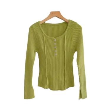 Imagem de Suéter Feminino Slim Fit Com Decote U, Pullover Básico Com Botões Para