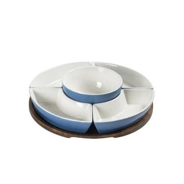 Imagem de Petisqueira de Madeira com 5 Bowls de Cerâmica Azul Degradê UN0055 BTC