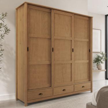 Imagem de Guarda Roupa Casal 3 Portas de Correr 3 Gavetas 195cm Madeira Maciça Mazzaro F06 Freijó - Lyam Decor