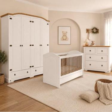 Imagem de Conjunto Quarto de Bebê 4 Peças com Berço Cômoda Guarda-Roupa e Colchã