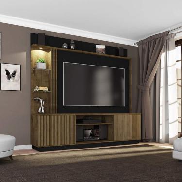Imagem de Estante Home para TVs até 65 Polegadas 2 Portas LED Embutido Atlanta Móveis Bechara Madeira Rústica/Preto Fosco Ripado