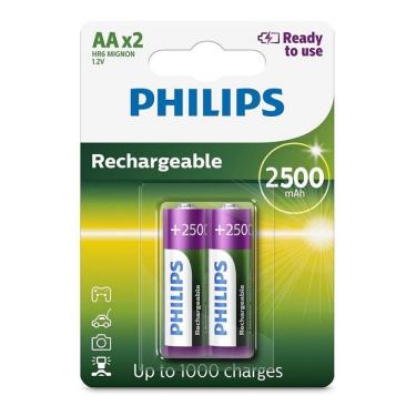 Imagem de 2 Pilhas Recarregáveis Philips Aa 2500mAh Originais Pequena Prontas pro Uso RTU