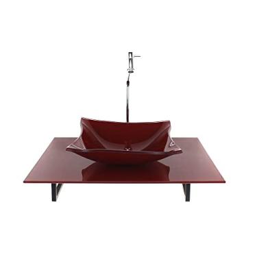 Imagem de KIT CUBA DE VIDRO QUADRADA COM TAMPO 60CM VERMELHO CEREJA FULL E SUPORTE PRETO