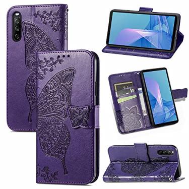 Imagem de HONGYAN Capa de telefone Para Sony Xperia 10 III Butterfly Love Flores em relevo caso de couro flip horizontal com suporte e carteira e cordão Capa protetora