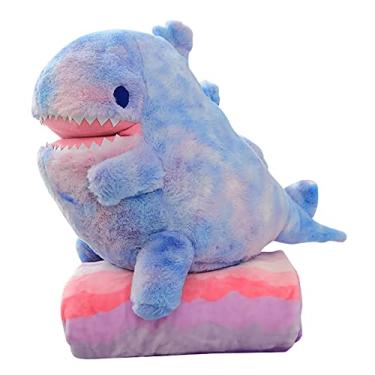 Imagem de Yajun Conjunto de cobertor e travesseiro de viagem dinossauro colorido brinquedo de pelúcia portátil almofada aconchegante colcha de lã para decoração de sofá cama de carro, azul, 60 cm