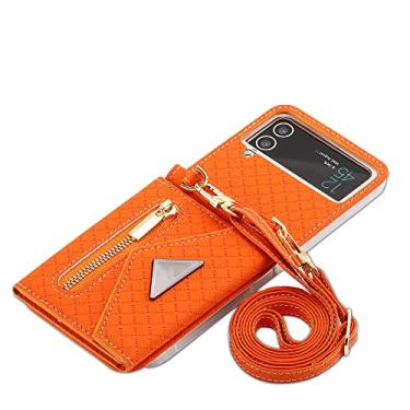 Imagem de Capa de telefone transversal para Samsung Galaxy Z Flip 4 5G Flip4 slot para cartões de crédito geométrico à prova de choque capa traseira de couro com cordão, laranja, para Galaxy Z Flip4 5G
