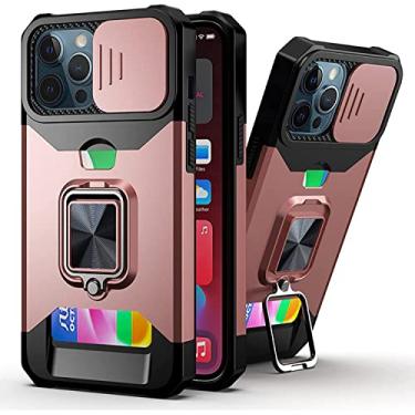 Imagem de KAPPDE Capa para iPhone 14 Pro Max Capa à prova de choque de grau militar com suporte de anel e proteção de câmera deslizante armadura de camada dupla TPU capa protetora de telefone 6,7 polegadas (cor: rosa)