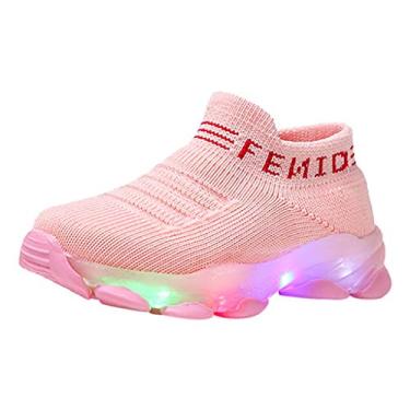 Imagem de MOQIN Tênis fashion com LED respirável tecido elástico para bebês meninas meninos letra malha LED luminosa meias esportivas corrida