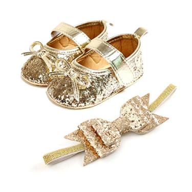 Imagem de OAISNIT Sapatilha para bebê Mary Jane com tiara macia e brilhante, 3-gold, 6-12 Months Infant