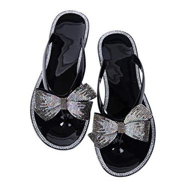 Imagem de Sandália feminina Mtzyoa com laço e pérolas para praia com rebites de chuva e pérolas douradas, B Glitter Black, 7