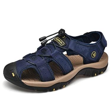Imagem de Sandálias masculinas de couro com bico fechado, sandálias esportivas esportivas casuais de praia e água, sandálias masculinas para caminhadas ao ar livre, sandálias leves para trilha, Azul 7239, 13
