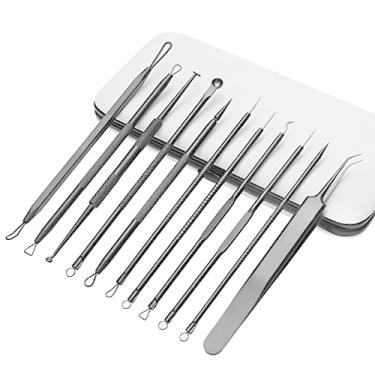 Imagem de 11 peças de aço inoxidável agulha de acne pinça de espinha extrator removedor de cravo ferramenta extrator de comedão tratamento de cravos remoção de manchas com estojo