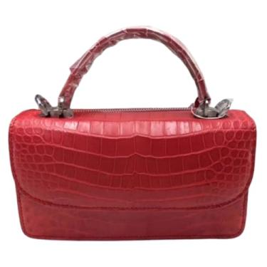 Imagem de Bolsa feminina pequena de couro de crocodilo autêntico de couro de jacaré genuíno bolsa de ombro feminina, Vermelho, 22cm(Length) x 12cm(Height) x 8cm(Deep)