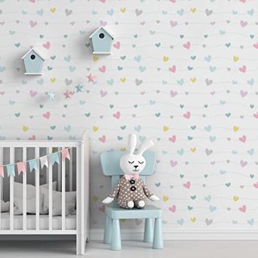 Imagem de Papel de Parede Infantil Feminino Delicado Corações Coloridos Adesivo Lavável