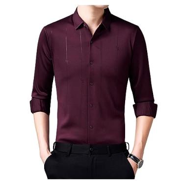 Imagem de Camisetas masculinas de manga comprida slim fit abotoadas com lapela leve, respirável, macia, Vermelho, XG