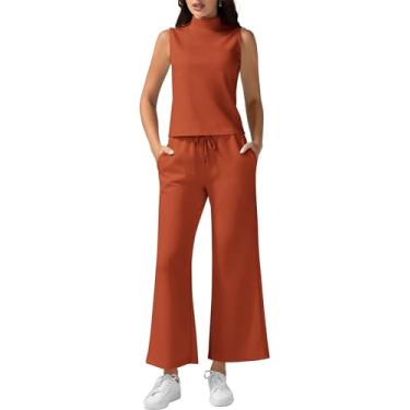 Imagem de KIRUNDO Conjunto feminino de 2 peças para o verão 2024 elegante casual gola redonda cropped calça larga conjunto de agasalho, Laranja, vermelho, X-Large